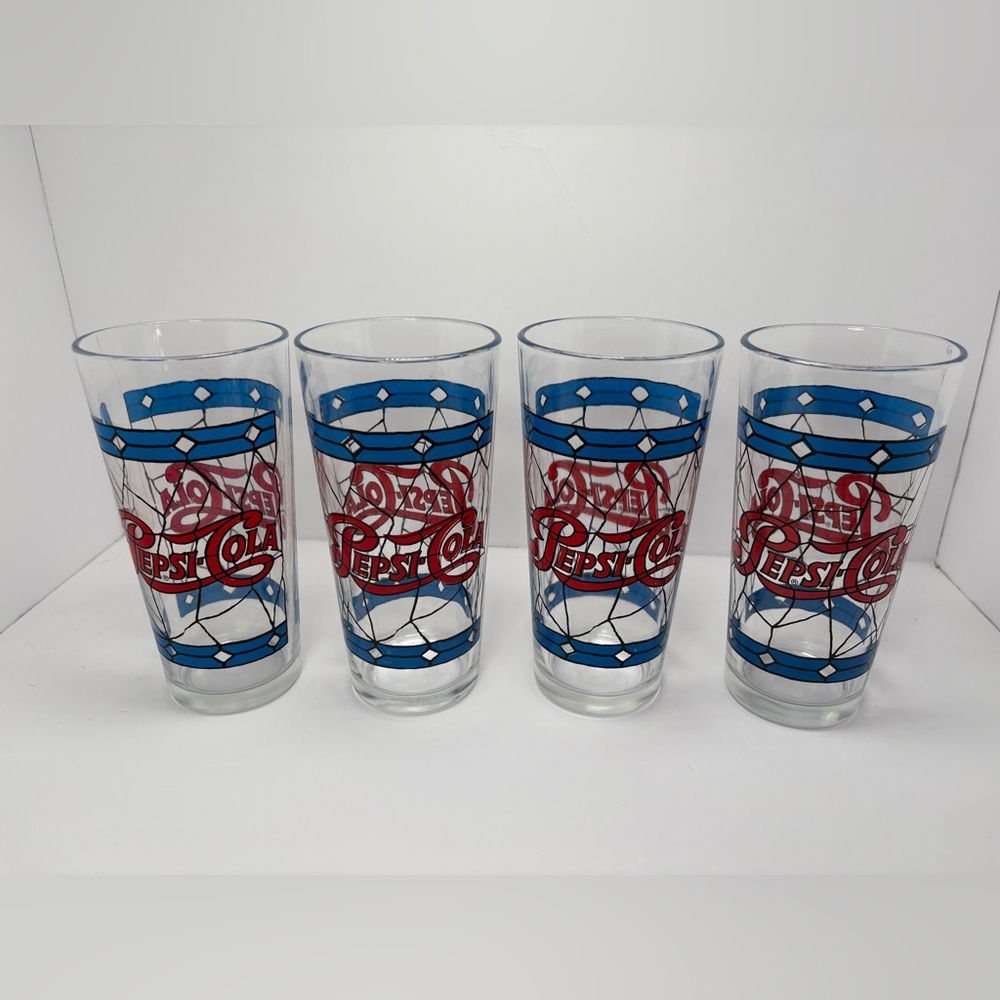 Set of 4 Vintage Pepsi Cola Glasses 1970's Tiffany Style-Stained Glass 16 oz.